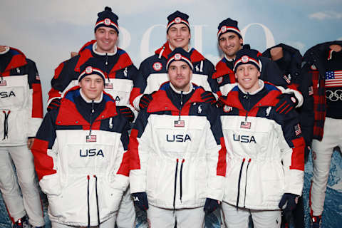 LOS ANGELES, CALIFORNIA – JANUARY 31: U.S. Olympians Nicklaus Dale Perbix, Matthew Michael Knies, Matthew Samuel Beniers, Nicholas Stephen Abruzzese, Nicholas Hayden Shore and Nathan James Smith try on clothes at Polo Ralph Lauren during Team USA athlete processing ahead of Beijing 2022 on January 31, 2022 in Los Angeles, California. (Photo by Joe Scarnici/Getty Images for USOPC)