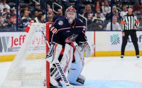 Sep 28, 2022; Columbus, Ohio, USA; Columbus Blue Jackets goaltender Daniil Tarasov (40) defends the net against the Buffalo Sabres in the first period at Nationwide Arena. Mandatory Credit: Aaron Doster-USA TODAY Sports