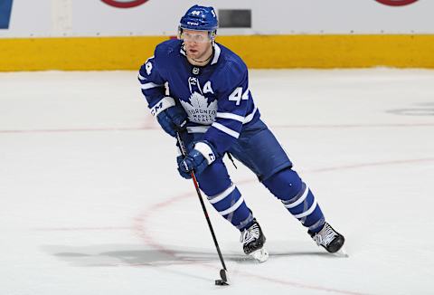 TORONTO, ON – MARCH 27: Morgan Rielly #44 of the Toronto Maple Leafs  (Photo by Claus Andersen/Getty Images)