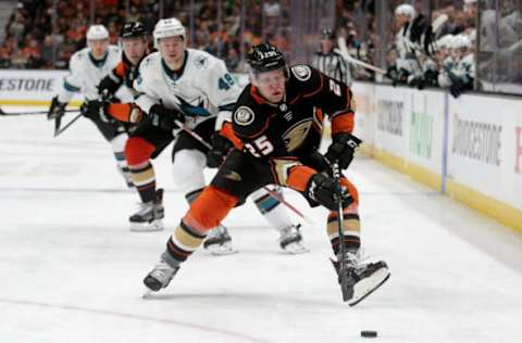 ANAHEIM, CA – APRIL 12: Ondrej Kase #25 of the Anaheim Ducks is pursued by Tomas Hertl #48 of the San Jose Sharks. (Photo by Jeff Gross/Getty Images)