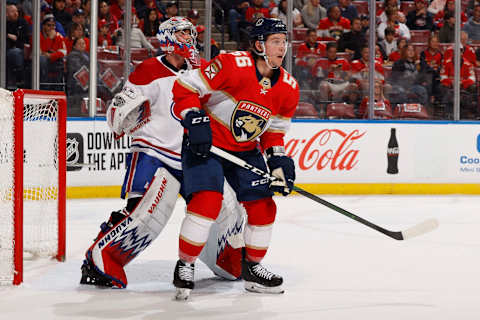 Erik Haula #56 of the Florida Panthers gets into position in front of Goaltender Charlie Lindgren #39 of the Montreal Canadiens. (Photo by Joel Auerbach/Getty Images)