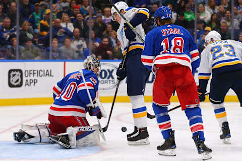 ST. LOUIS, MO – MARCH 17: Alexandar Georgiev #40 of the New York Rangers makes a save against Vince Dunn #29 of the St. Louis Blues at the Scottrade Center on March 17, 2018 in St. Louis, Missouri. (Photo by Dilip Vishwanat/Getty Images)