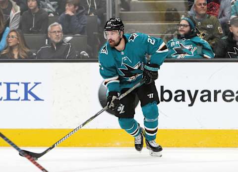 SAN JOSE, CA – MAY 19: Joonas Donskoi #27 of the San Jose Sharks skates with the puck against the St. Louis Blues in Game Five of the Western Conference Final during the 2019 NHL Stanley Cup Playoffs at SAP Center on May 19, 2019 in San Jose, California (Photo by Kavin Mistry/NHLI via Getty Images)