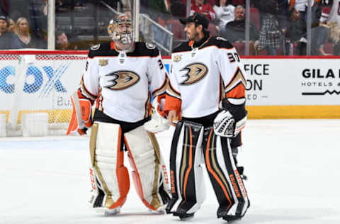 GLENDALE, AZ – OCTOBER 06: Goalies John Gibson #36 and Ryan Miller #30 of the Anaheim Ducks skate off the ice following a 1-0 victory against the Arizona Coyotes at Gila River Arena on October 6, 2018, in Glendale, Arizona. (Photo by Norm Hall/NHLI via Getty Images)