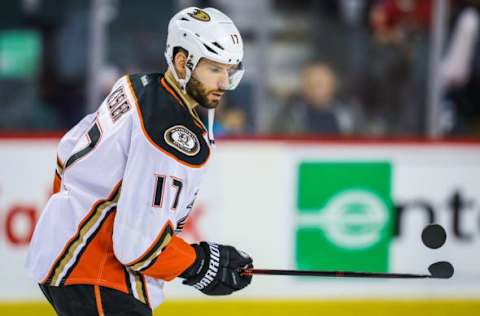 NHL Mid-Season Awards: Anaheim Ducks center Ryan Kesler (17) controls the puck during the warmup period against the Calgary Flames at Scotiabank Saddledome. Mandatory Credit: Sergei Belski-USA TODAY Sports