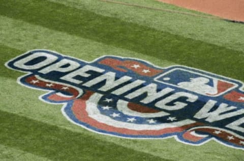 Apr 7, 2016; Oakland, CA, USA; A general view of the Opening Week logo on the field prior to the game between the Chicago White Sox and the Oakland A’s at Oakland Coliseum. Mandatory Credit: Kenny Karst-USA TODAY Sports