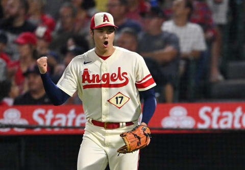 Sep 29, 2022; Anaheim, California, USA; Los Angeles Angels starting pitcher Shohei Ohtani (17) reacts after making a play for the final out of the sixth inning against the Oakland Athletics at Angel Stadium. Mandatory Credit: Jayne Kamin-Oncea-USA TODAY Sports