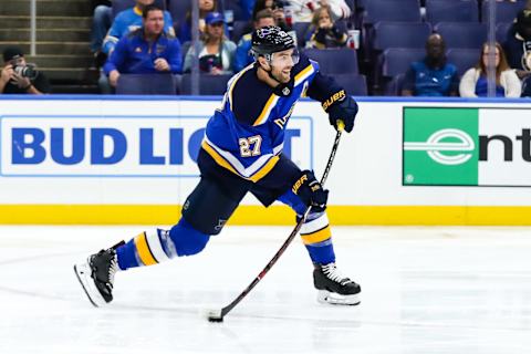 ST. LOUIS, MO – OCTOBER 04: St. Louis Blues’ Alex Pietrangelo takes a shot during the second period of an NHL hockey game between the St. Louis Blues and the Winnipeg Jets on October 4, 2018, at the Enterprise Center in St. Louis, MO. (Photo by Tim Spyers/Icon Sportswire via Getty Images)