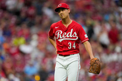 Cincinnati Reds staring pitcher Luke Weaver (34) reacts after the third out of the top of the second inning of the MLB National League game between the Cincinnati Reds and the LA Dodgers at Great American Ball Park in downtown Cincinnati on Tuesday, June 6, 2023. The Reds won 9-8 on a walk-off, bases loaded, single off the bat of shortstop Matt McLain (9) in the bottom of the ninth.