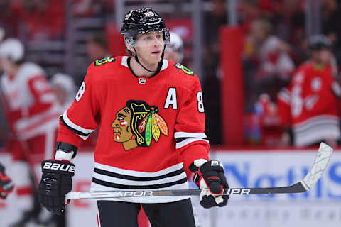 CHICAGO, ILLINOIS – OCTOBER 21: Patrick Kane #88 of the Chicago Blackhawks looks on against the Detroit Red Wings during the second period at United Center on October 21, 2022 in Chicago, Illinois. (Photo by Michael Reaves/Getty Images)