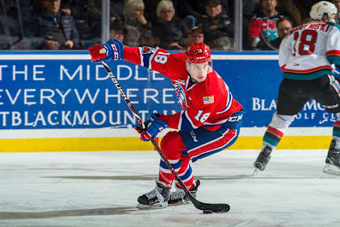 KELOWNA, BC – JANUARY 10: Filip Kral #18 of the Spokane Chiefs skates with the puck against the Kelowna Rockets at Prospera Place on January 10, 2017 in Kelowna, Canada. (Photo by Marissa Baecker/Getty Images)