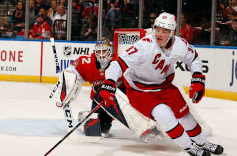 SUNRISE, FL – OCT. 8: Andrei Svechnikov #37 of the Carolina Hurricanes gathers the puck against the Florida Panthers at the BB&T Center on October 8, 2019 in Sunrise, Florida. (Photo by Eliot J. Schechter/NHLI via Getty Images)