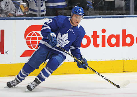 TORONTO, ON – APRIL 21: Jake Gardiner #51 of the Toronto Maple Leafs warms up prior to action against the Boston Bruins in Game Six of the Eastern Conference First Round during the 2019 NHL Stanley Cup Playoffs at Scotiabank Arena on April 21, 2019 in Toronto, Ontario, Canada. The Bruins defeated the Maple Leafs 4-2. (Photo by Claus Andersen/Getty Images)