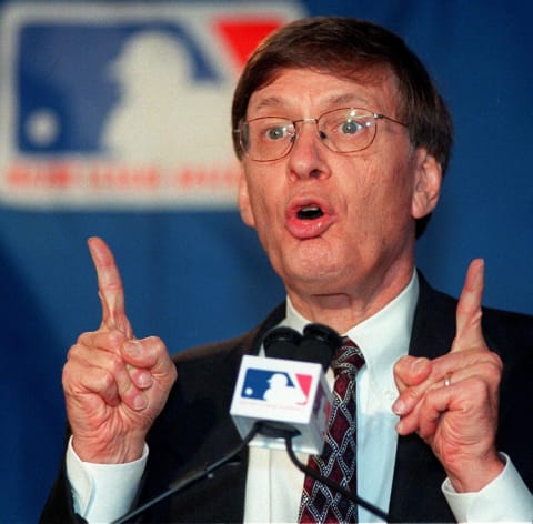 CHICAGO, UNITED STATES: “Bud” Selig, the new Commissioner of Major League Baseball (MLB), responds to a question during a press conference after he was named to the position. Seling was named commissioner at a meeting of team owners 09 July in Chicago, IL. Selig, the owner of the Milwaukee Brewers, had been serving as acting commissioner since 1992. AFP PHOTO/JOHN ZICH (Photo credit should read JOHN ZICH/AFP via Getty Images)