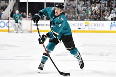 SAN JOSE, CA – NOVEMBER 27: Brenden Dillon #4 of the San Jose Sharks takes a shot on goal against the Winnipeg Jets at SAP Center on November 27, 2019 in San Jose, California. (Photo by Brandon Magnus/NHLI via Getty Images)