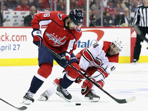 WASHINGTON, DC – APRIL 24: Jordan Martinook #48 of the Carolina Hurricanes checks Chandler Stephenson #18 of the Washington Capitals during the second period in Game Seven of the Eastern Conference First Round during the 2019 NHL Stanley Cup Playoffs at the Capital One Arena on April 24, 2019 in Washington, DC. (Photo by Patrick Smith/Getty Images)