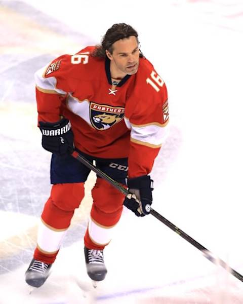 Oct 13, 2016; Sunrise, FL, USA; Florida Panthers right wing Jaromir Jagr wears number 16 in memory of Miami Marlins pitcher Jose Fernandez before a game against the New Jersey Devils at BB&T Center. Mandatory Credit: Robert Mayer-USA TODAY Sports