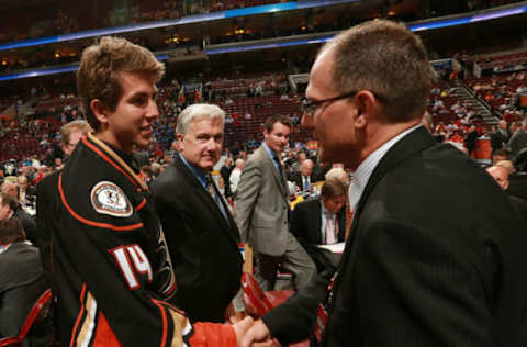 PHILADELPHIA, PA – JUNE 28: Matthew Berkovitz greets his team after being selected 123rd overall by the Anaheim Ducks during the 2014 NHL Entry Draft at Wells Fargo Center on June 28, 2014, in Philadelphia, Pennsylvania. (Photo by Dave Sandford/NHLI via Getty Images)