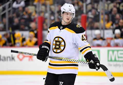 PITTSBURGH, PA – DECEMBER 14: Boston Bruins Defenseman Torey Krug (47) looks on during the second period in the NHL game between the Pittsburgh Penguins and the Boston Bruins on December 14, 2018, at PPG Paints Arena in Pittsburgh, PA. (Photo by Jeanine Leech/Icon Sportswire via Getty Images)