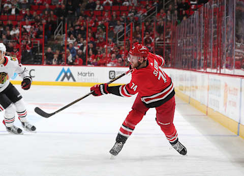 RALEIGH, NC – NOVEMBER 11: Jaccob Slavin #74 of the Carolina Hurricanes passes the puck during a power play during an NHL game against the Chicago Blackhawks on November 11, 2017 at PNC Arena in Raleigh, North Carolina. (Photo by Gregg Forwerck/NHLI via Getty Images)