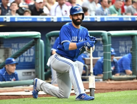 Jun 15, 2016; Philadelphia, PA, USA; Toronto Blue Jays right fielder Jose Bautista (19) stretches before his at bat against the Philadelphia Phillies at Citizens Bank Park. Mandatory Credit: Eric Hartline-USA TODAY Sports