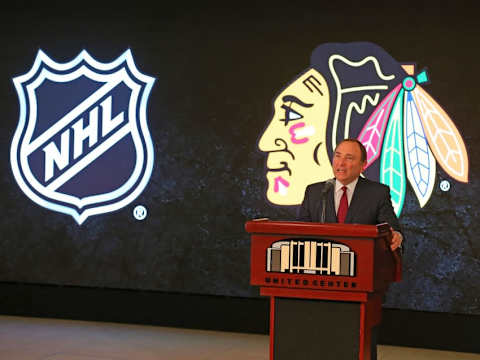 Feb 11, 2016; Chicago, IL, USA; NHL commissioner Gary Bettman during a press conference to announce that Chicago will host the 2017 NHL Draft at United Center. Mandatory Credit: Dennis Wierzbicki-USA TODAY Sports