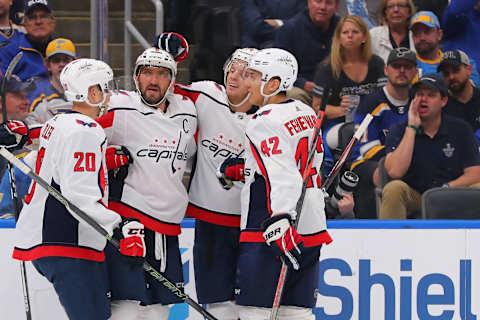 ST LOUIS, MO – OCTOBER 02: Alex Ovechkin #8 of the Washington Capitals celebrates his goal against the St. Louis Blues with Lars Eller #20, Richard Panik #14, and Martin Fehervary #42 of the Washington Capitals at Enterprise Center on October 2, 2019 in St Louis, Missouri. (Photo by Dilip Vishwanat/Getty Images)