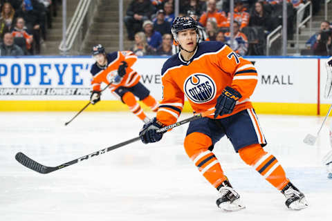 Ethan Bear #74 of the Edmonton Oilers. (Photo by Codie McLachlan/Getty Images)