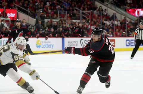 RALEIGH, NC – FEBRUARY 01: Sebastian Aho #20 of the Carolina Hurricanes prepares to shoot the puck during an NHL game against the Vegas Golden Knights on February 1, 2019 at PNC Arena in Raleigh, North Carolina. (Photo by Gregg Forwerck/NHLI via Getty Images)