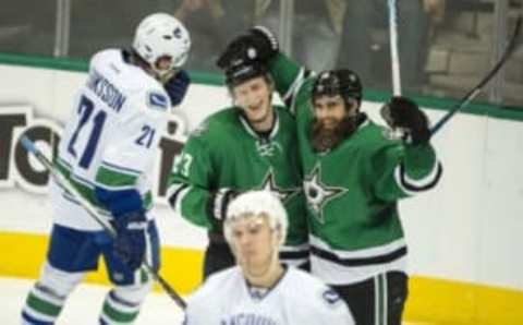 NHL All-Star Game Fan Vote: Dallas Stars defenseman Esa Lindell (23) and right wing Patrick Eaves (18) celebrate Lindell