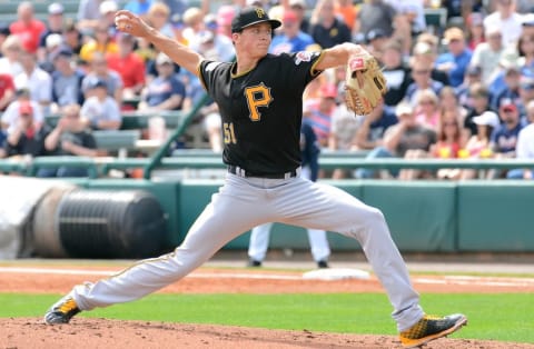 Mar 5, 2016; Lake Buena Vista, FL, USA; Pittsburgh Pirates starting pitcher Tyler Glasnow (51) throws a pitch in the second inning of the spring training game against the Atlanta Braves at Champion Stadium. Mandatory Credit: Jonathan Dyer-USA TODAY Sports