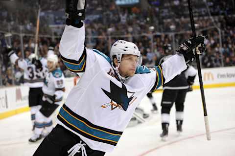 LOS ANGELES, CA – APRIL 25: Dany Heatley #15 of the San Jose Sharks celebrates after a goal against the Los Angeles Kings in game six of the Western Conference Quarterfinals during the 2011 NHL Stanley Cup Playoffs at Staples Center on April 25, 2011 in Los Angeles, California. (Photo by Harry How/Getty Images)