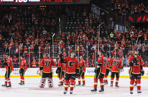 CALGARY, AB – APRIL 19: The Calgary Flames salute the crowd after being defeated by the Anaheim Ducks in Game Four of the Western Conference First Round during the 2017 NHL Stanley Cup Playoffs at Scotiabank Saddledome on April 19, 2017 in Calgary, Alberta, Canada. (Photo by Derek Leung/Getty Images)