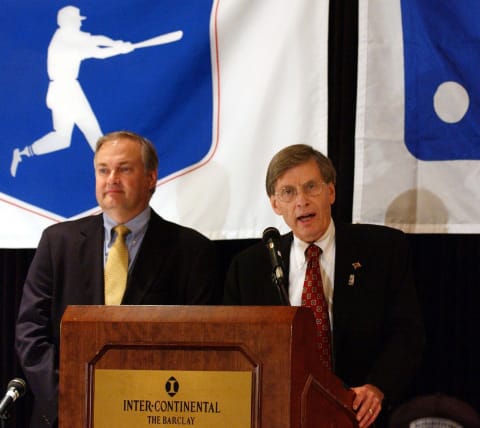 NEW YORK- AUGUST 30: Major League Baseball Commissioner Bud Selig (R) attends a news conference with Players Association head Donald Fehr (L) August 30, 2002 in New York, where they discussed a new labor agreement that will avert a strike by players. Owners have gained their most significant concessions in 26 years with a luxury tax and a new revenue-sharing plan. (Photo by Spencer Platt/Getty Images)