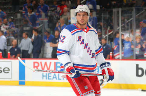 NEWARK, NJ – SEPTEMBER 30: Julien Gauthier #12 of the New York Rangers warms up prior to the game against the New Jersey Devils on September 30, 2022, at the Prudential Center in Newark, New Jersey. (Photo by Rich Graessle/Getty Images)