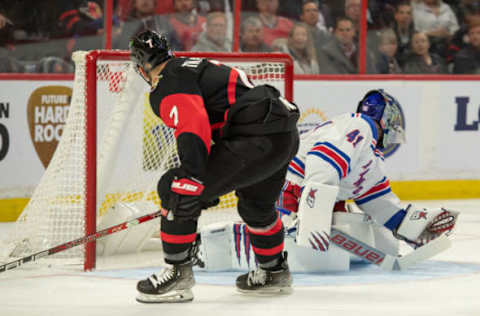 Nov 30, 2022; Ottawa, Ontario, CAN; Ottawa Senators left wing Brady Tkachuk (7) shoots wide on a shot against New York Rangers goalie Jaroslav Halak (41) in the first period at the Canadian Tire Centre. Mandatory Credit: Marc DesRosiers-USA TODAY Sports