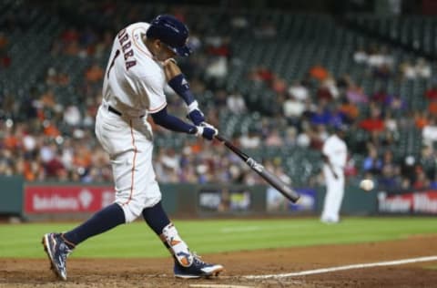 Sep 12, 2016; Houston, TX, USA; Houston Astros shortstop Carlos Correa (1) bats during the game against the Texas Rangers at Minute Maid Park. Mandatory Credit: Troy Taormina-USA TODAY Sports. MLB.