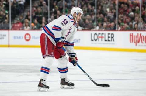 Mar 18, 2017; Saint Paul, MN, USA; New York Rangers forward Kevin Hayes (13) against the Minnesota Wild at Xcel Energy Center. The Rangers defeated the Wild 3-2. Mandatory Credit: Brace Hemmelgarn-USA TODAY Sports