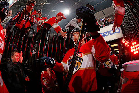 SUNRISE, FL – DECEMBER 30: Ian McCoshen #12 of the Florida Panthers is greeted by fans while heading out to the ice prior to the start of the game against the Montreal Canadiens at the BB&T Center on December 30, 2017 in Sunrise, Florida. (Photo by Eliot J. Schechter/NHLI via Getty Images)