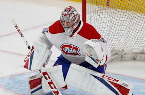 Mar 12, 2017; Edmonton, Alberta, CAN; Montreal Canadiens goaltender Carey Price (31) makes a save during warmup against the Edmonton Oilers at Rogers Place. Mandatory Credit: Perry Nelson-USA TODAY Sports