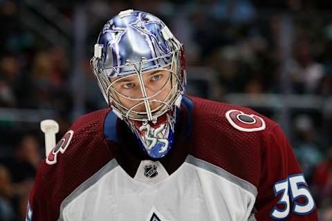 SEATTLE, WASHINGTON – NOVEMBER 19: Darcy Kuemper #35 of the Colorado Avalanche looks on against the Seattle Kraken during the second period at Climate Pledge Arena on November 19, 2021 in Seattle, Washington. (Photo by Steph Chambers/Getty Images)