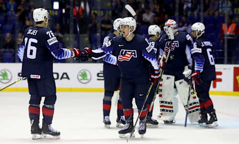 KOSICE, SLOVAKIA – MAY 12: Adam Fox #8 of the United States celebrate victory over France after the 2019 IIHF Ice Hockey World Championship Slovakia group A game between United States and France at Steel Arena on May 12, 2019 in Kosice, Slovakia. (Photo by Martin Rose/Getty Images)