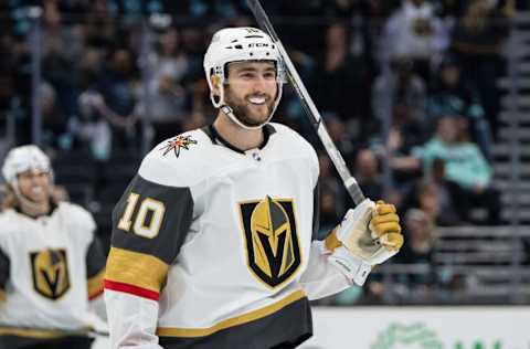 Apr 1, 2022; Seattle, Washington, USA; Las Vegas Golden Knights center Nicolas Roy (10) during a game against the Seattle Kraken at Climate Pledge Arena. Mandatory Credit: Stephen Brashear-USA TODAY Sports