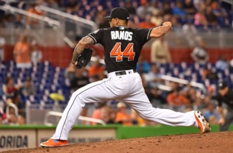 Sep 24, 2016; Miami, FL, USA; Miami Marlins relief pitcher A.J. Ramos (44) pitches in the ninth inning Atlanta Braves at Marlins Park. The Miami Marlins defeat the Atlanta Braves 6-4. Mandatory Credit: Jasen Vinlove-USA TODAY Sports. MLB.