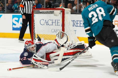 SAN JOSE, CA – MARCH 4: Timo Meier #28 of the San Jose Sharks tries to get the puck by Sergei Bobrovsky #72 of the Columbus Blue Jackets at SAP Center on March 4, 2018 in San Jose, California. (Photo by Scott Dinn/NHLI via Getty Images)