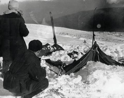 The abandoned Dyatlov party tent as it was found by searchers.