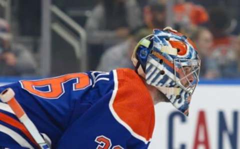 EDMONTON, CANADA – OCTOBER 03: Jack Campbell #36 of the Edmonton Oilers tends net against the Vancouver Canucks on October 3, 2022 at Rogers Place in Edmonton, Alberta, Canada. (Photo by Lawrence Scott/Getty Images)