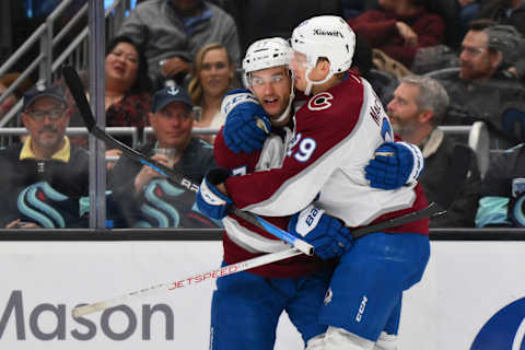 Nov 13, 2023; Seattle, Washington, USA; Jonathan Drouin and Nathan MacKinnon. Mandatory Credit: Steven Bisig-USA TODAY Sports