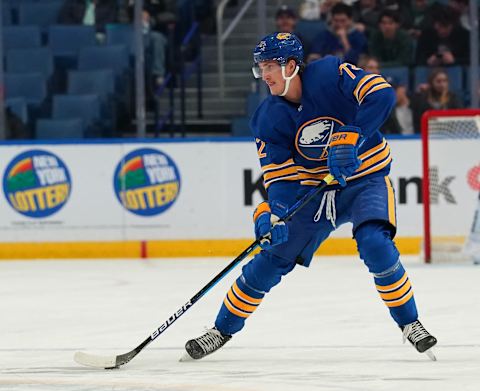 BUFFALO, NY – FEBRUARY 17: Tage Thompson #72 of the Buffalo Sabres during the game against the Ottawa Senators at KeyBank Center on February 17, 2022 in Buffalo, New York. (Photo by Kevin Hoffman/Getty Images)