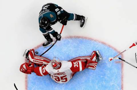 ANAHEIM, CA – OCTOBER 08: ANAHEIM, CA – OCTOBER Jimmy Howard #35 of the Detroit defends against a shot on goal by Jakob Silfverberg #33 of the Anaheim Ducks during the third period of a game at Honda Center on October 8, 2018, in Anaheim, California. (Photo by Sean M. Haffey/Getty Images)